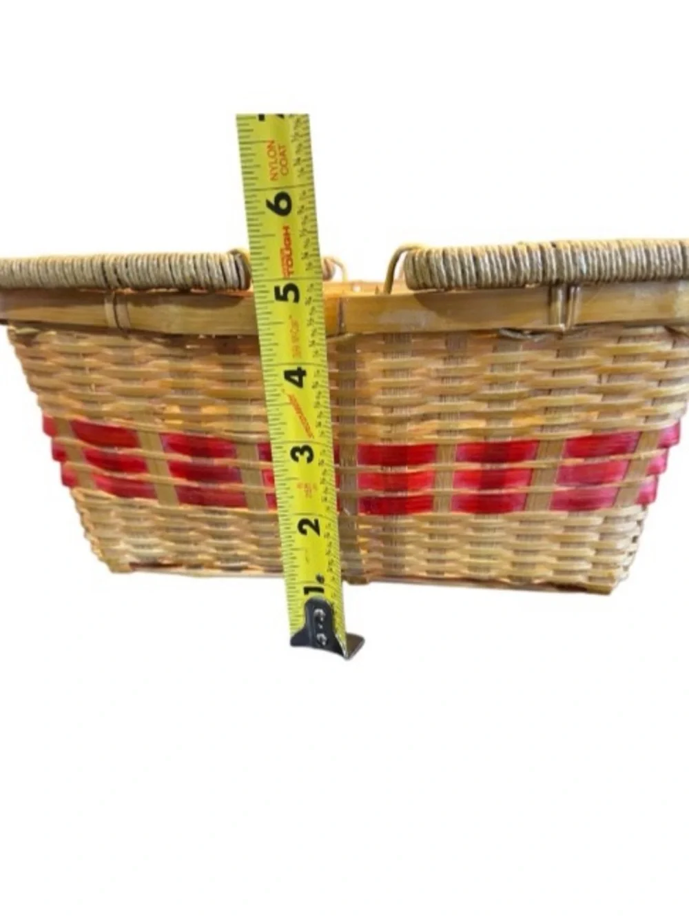 Hand Woven Wicker Basket Double Swing Handles Harvest Basket Red Accent Picnic